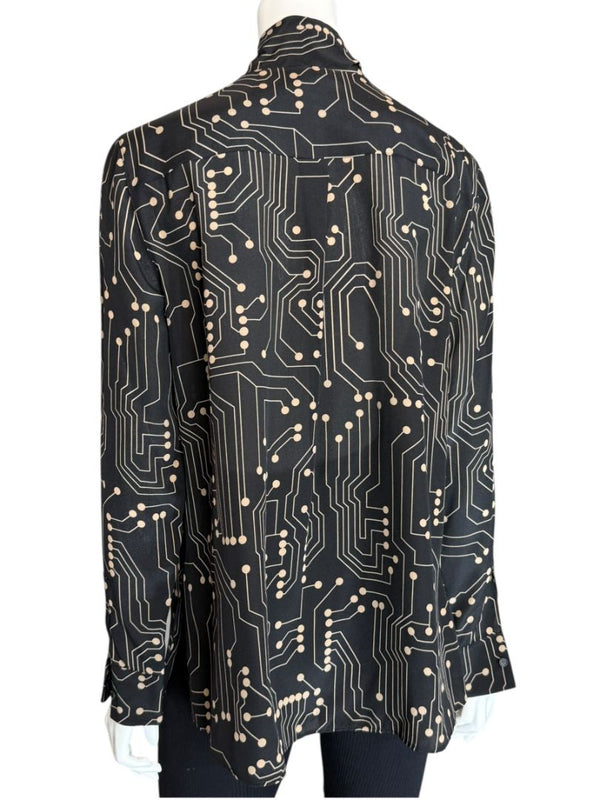 Akris Punto Black & Sand Silk Circuit Print Bow Blouse – Size 10