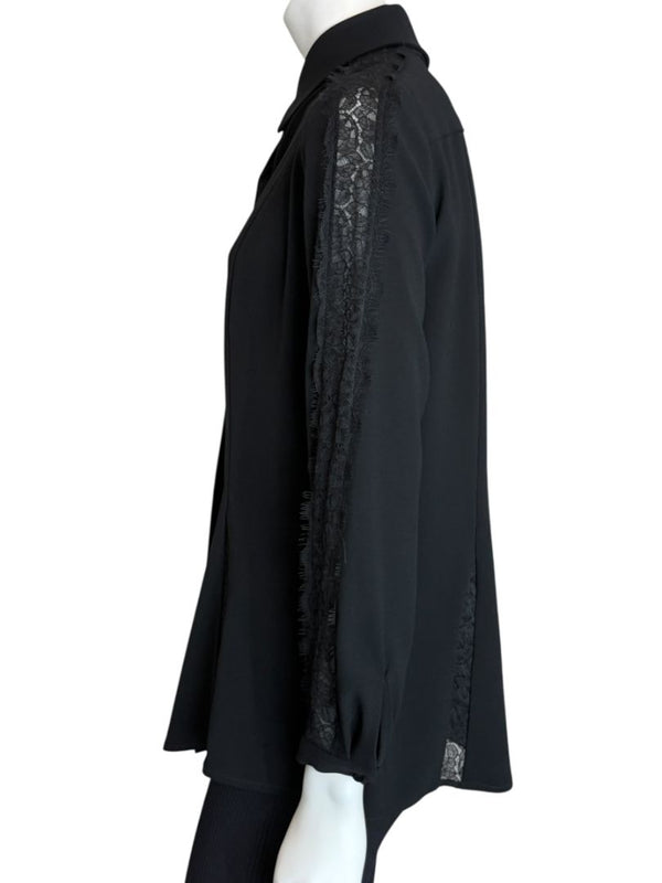 Pamella Roland Black Longsleeve Blouse with Lace Inset - Large