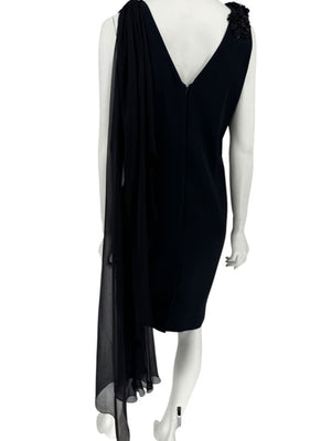 Pamella Roland Black Embellished One-Shoulder Cocktail Dress with Chiffon Drape – Large