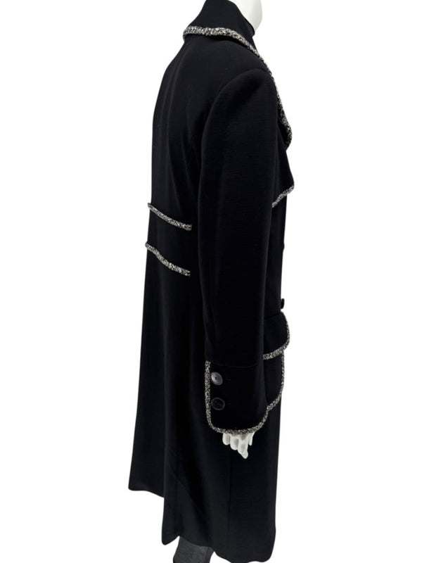Lida Baday Black Wool Long Coat with Metallic Braid Trim – Size 12