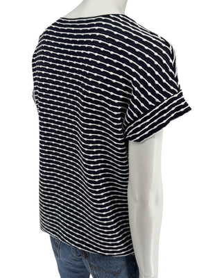 Armani Collezioni Made in Italy Navy & White Textured Stripe V-Neck Top – Size 12