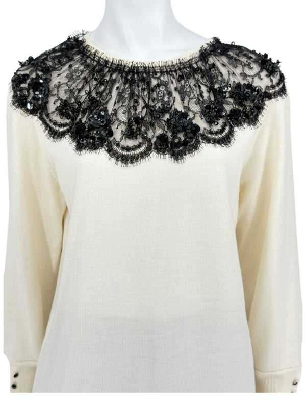 Oscar de la Renta Ivory Knit Sweater with Black Lace Embellished Collar – Size XL
