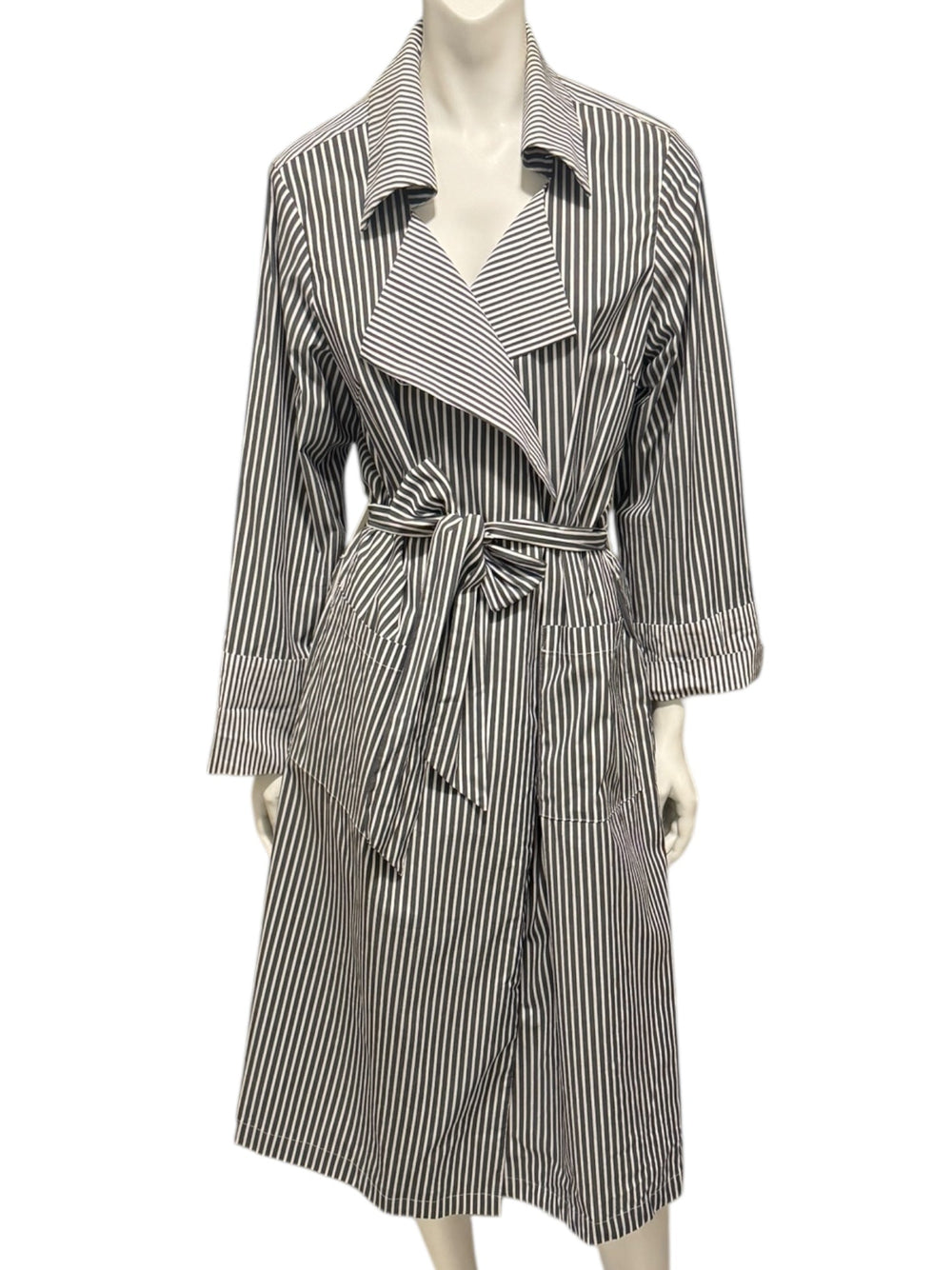 Jennifer Torosian Black & White Striped Belted Duster Jacket – Size S