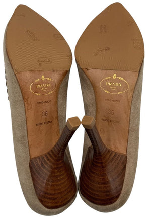 Prada Embellished Suede Peep-Toe Heels – Size 36 – Good Preowned Condition