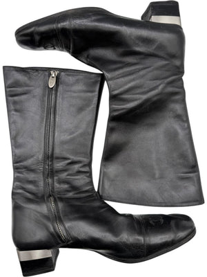 Chanel Black Leather Mid-Calf Boots with CC Cap Toe & Silver Heel Logo – Size 40 (US 10)