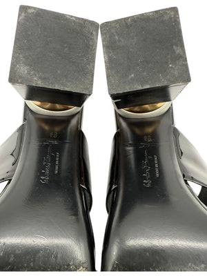 Salvatore Ferragamo Black Patent Block Heel Mules - Size 8.5