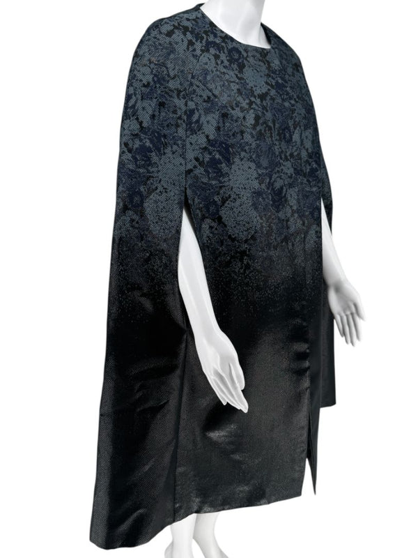 Pamella Roland Black/Blue Ombre Brocade Dress Cape Floral Motif