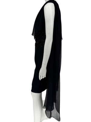 Pamella Roland Black Embellished One-Shoulder Cocktail Dress with Chiffon Drape – Large