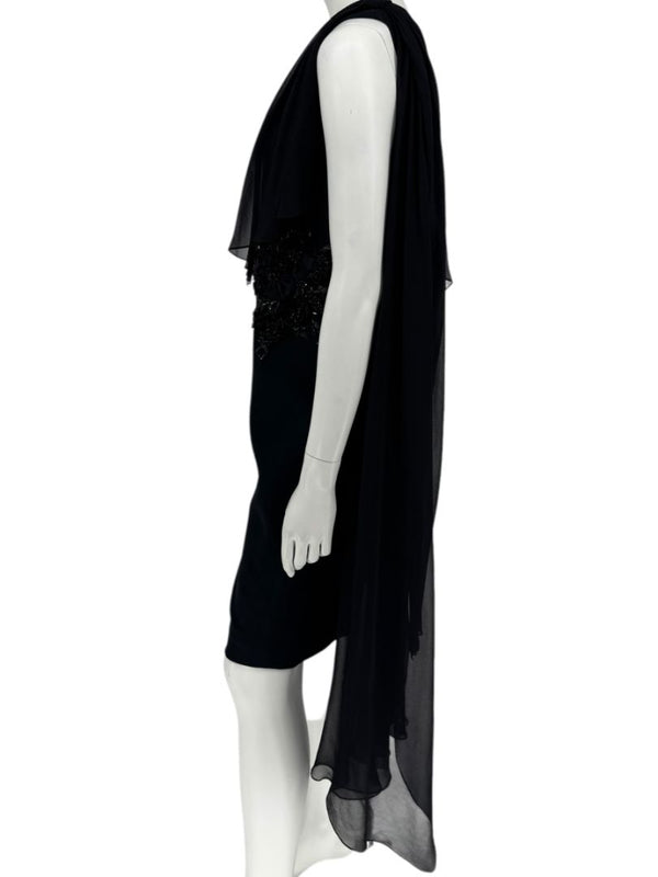 Pamella Roland Black Embellished One-Shoulder Cocktail Dress with Chiffon Drape – Large
