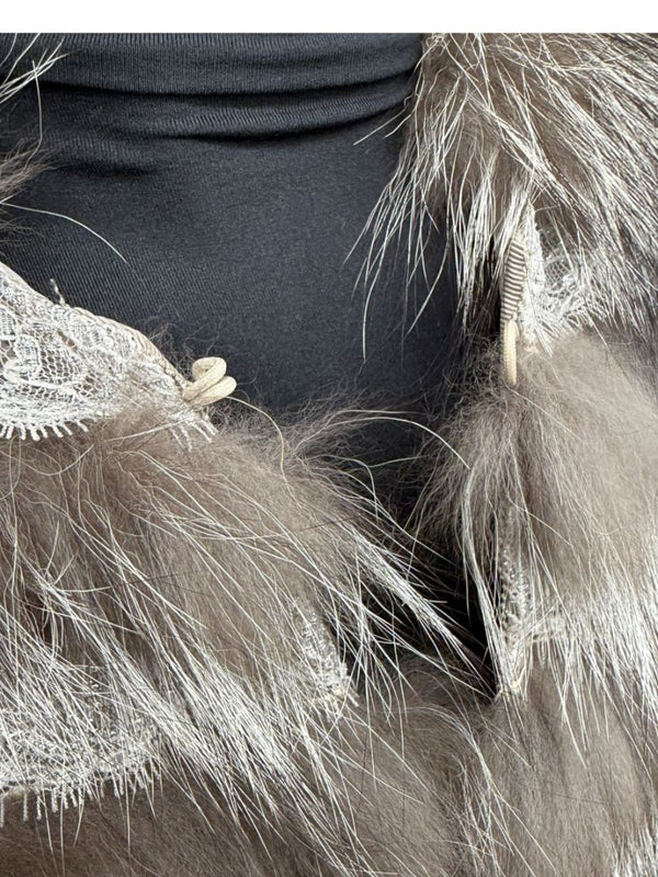 Pamella Roland Taupe Silver Fur Cape Style Jacket with Lace Trim – Sample Size Fits Like Large