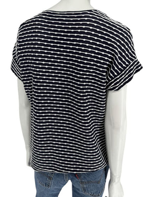 Armani Collezioni Made in Italy Navy & White Textured Stripe V-Neck Top – Size 12