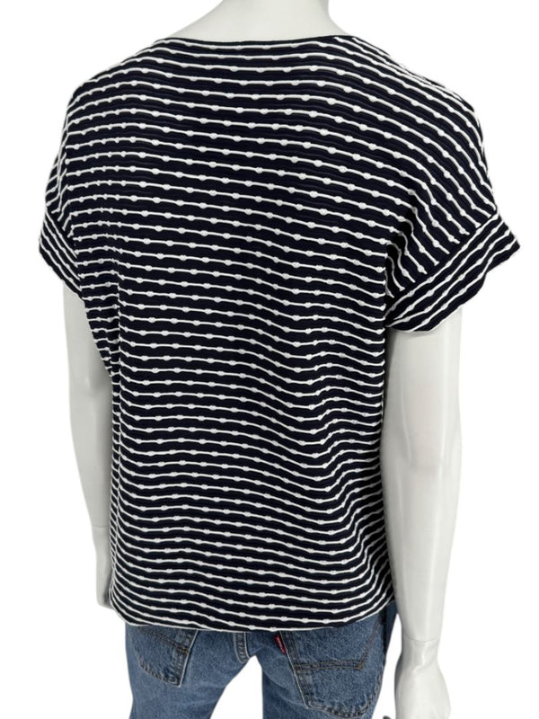 Armani Collezioni Made in Italy Navy & White Textured Stripe V-Neck Top – Size 12