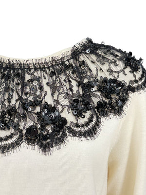 Oscar de la Renta Ivory Knit Sweater with Black Lace Embellished Collar – Size XL