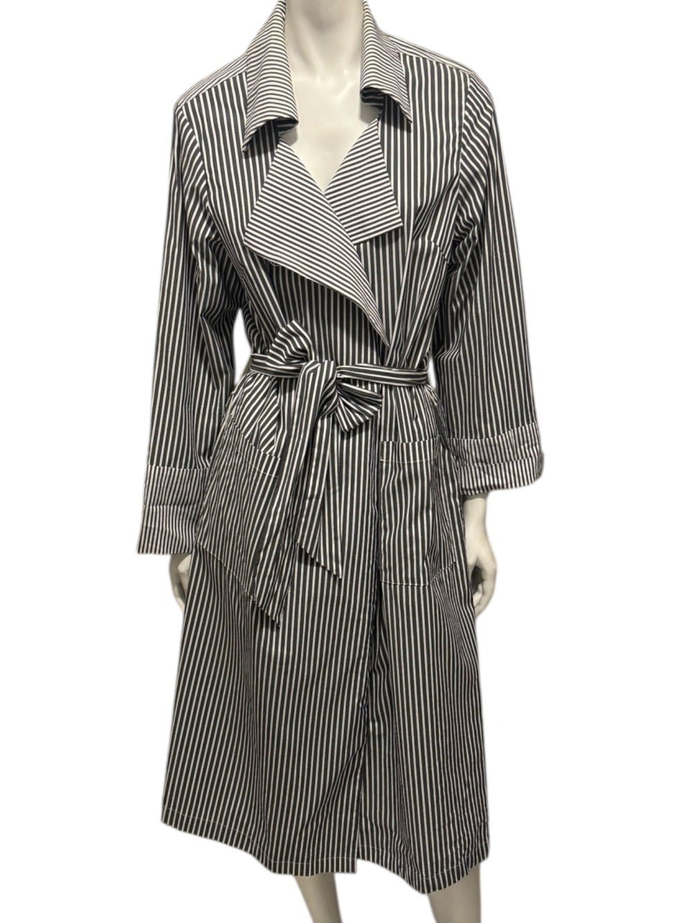 Jennifer Torosian Black & White Striped Belted Duster Jacket – Size S