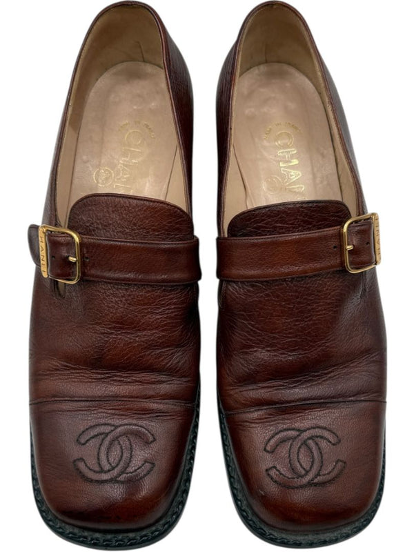 Chanel Brown Leather Square Toe Buckle Loafers – Size 40