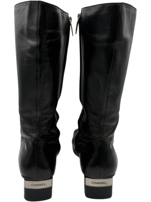 Chanel Black Leather Mid-Calf Boots with CC Cap Toe & Silver Heel Logo – Size 40 (US 10)