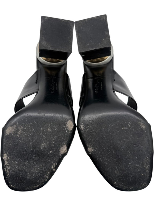 Salvatore Ferragamo Black Patent Block Heel Mules - Size 8.5