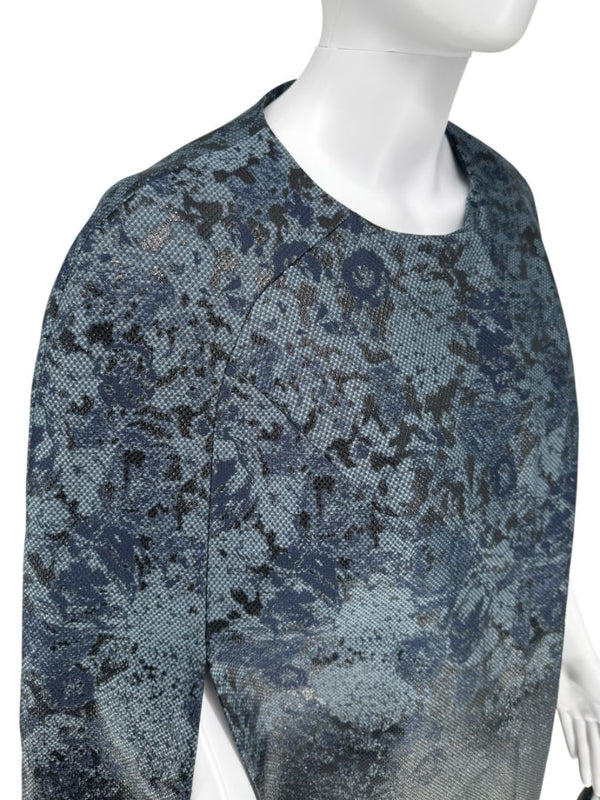 Pamella Roland Black/Blue Ombre Brocade Dress Cape Floral Motif