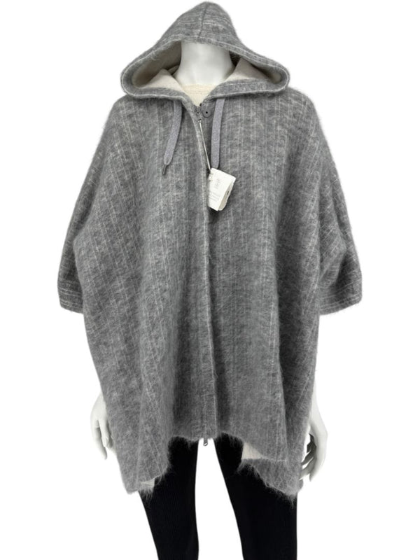 Brunello Cucinelli Grey Mohair-Cashmere Hooded Cape Jacket – Size XS