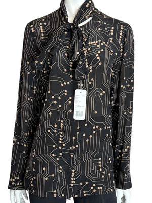 Akris Punto Black & Sand Silk Circuit Print Bow Blouse – Size 10
