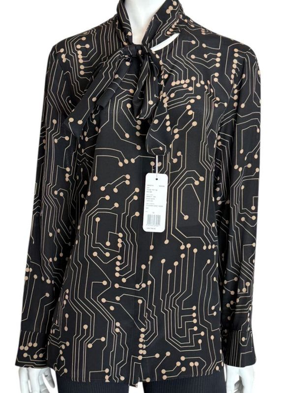 Akris Punto Black & Sand Silk Circuit Print Bow Blouse – Size 10