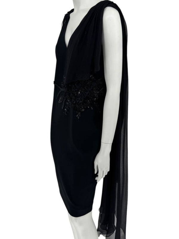 Pamella Roland Black Embellished One-Shoulder Cocktail Dress with Chiffon Drape – Large