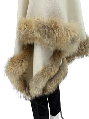 Pamella Roland Ivory Wool Cape Jacket with Natural Fur Trim – O/S