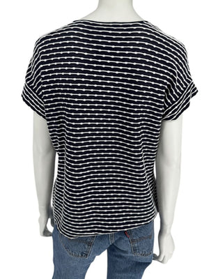 Armani Collezioni Made in Italy Navy & White Textured Stripe V-Neck Top – Size 12