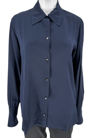 The Row Navy Silk Button-Up Blouse – Size 6