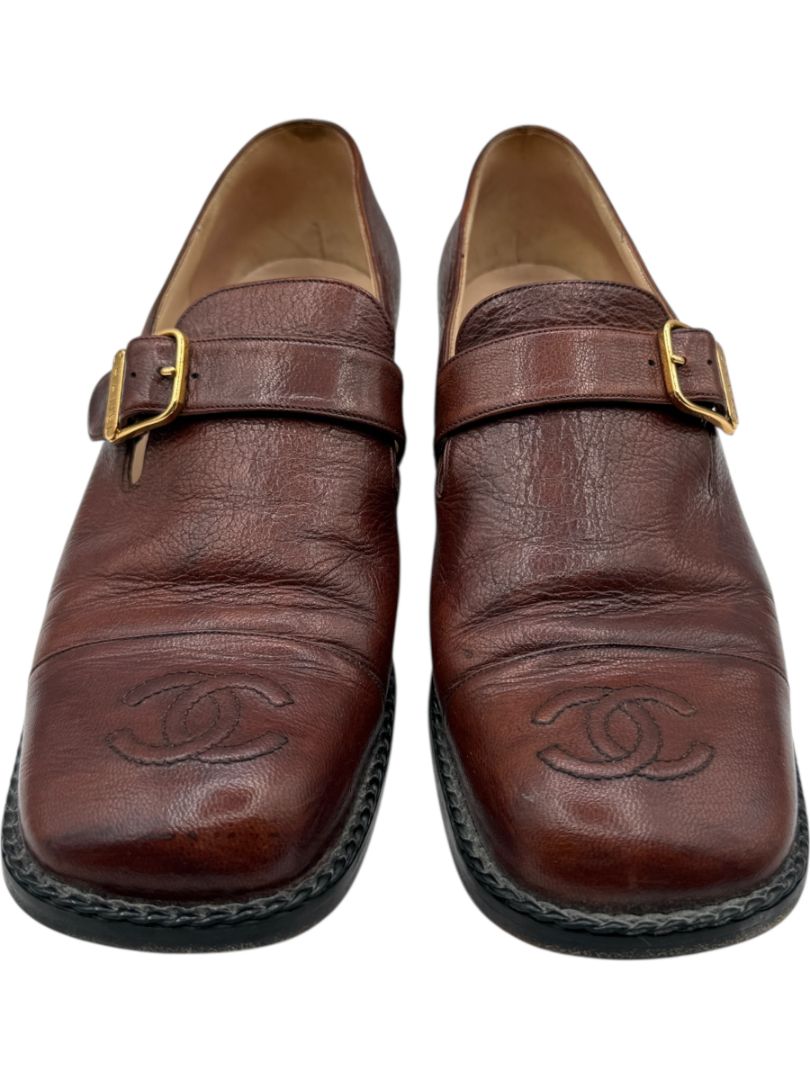 Chanel Brown Leather Square Toe Buckle Loafers – Size 40
