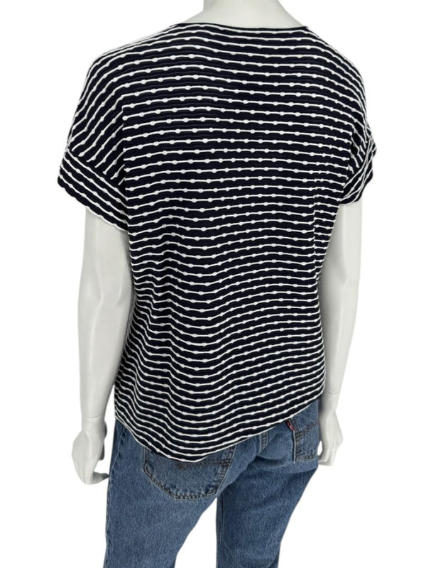 Armani Collezioni Made in Italy Navy & White Textured Stripe V-Neck Top – Size 12