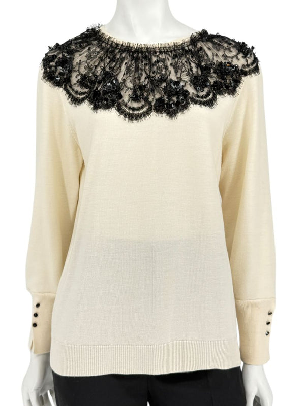 Oscar de la Renta Ivory Knit Sweater with Black Lace Embellished Collar – Size XL