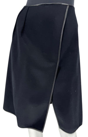 Douglas Hannant Black Wool Wrap-Style Skirt with Nappa Leather Trim – Size 14