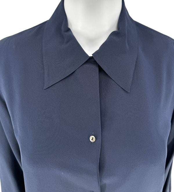 The Row Navy Silk Button-Up Blouse – Size 6