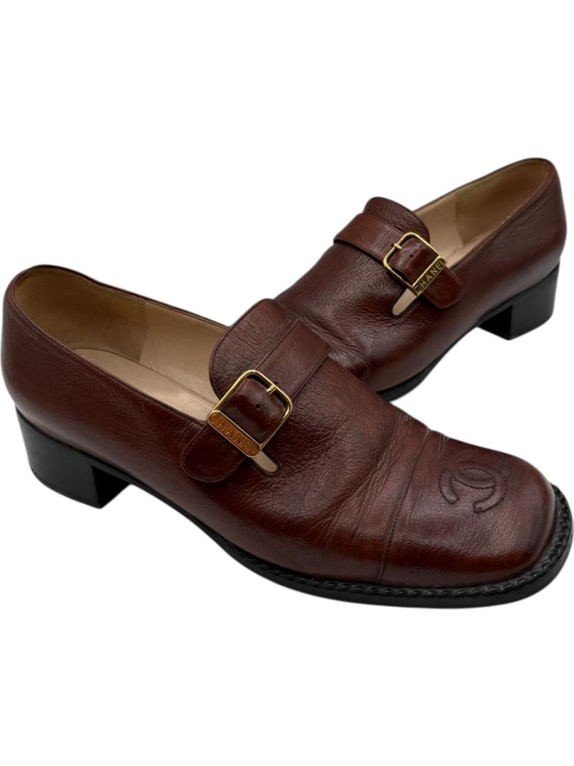 Chanel Brown Leather Square Toe Buckle Loafers – Size 40
