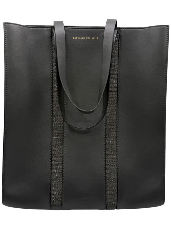 Brunello Cucinelli Graphite Gray Leather Tote with Monili Bead Trim