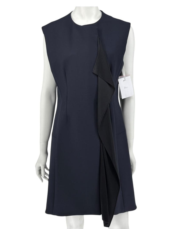 CHRISTIAN DIOR Navy Wool-Silk Dress with Draped Overlay – NWT –  Size 12