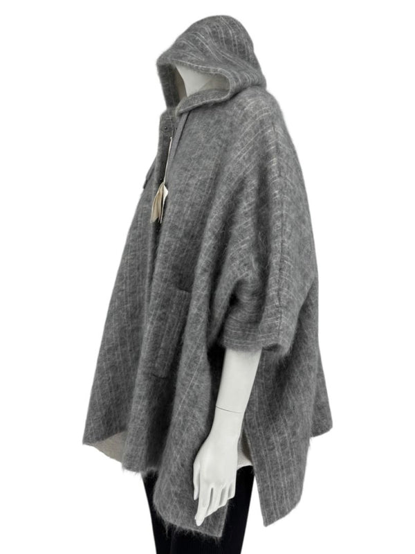Brunello Cucinelli Grey Mohair-Cashmere Hooded Cape Jacket – Size XS