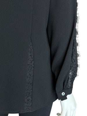 Pamella Roland Black Longsleeve Blouse with Lace Inset - Large