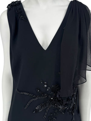 Pamella Roland Black Embellished One-Shoulder Cocktail Dress with Chiffon Drape – Large