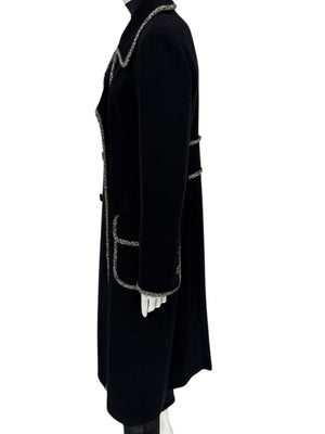 Lida Baday Black Wool Long Coat with Metallic Braid Trim – Size 12