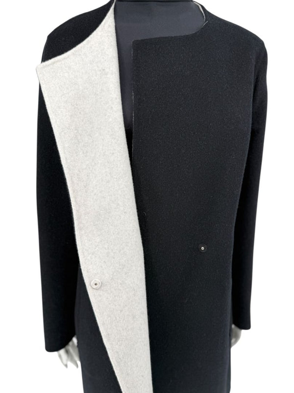 Pamella Roland Black Wool Blend Long Coat Minimalist Hidden Snap Closure - Large