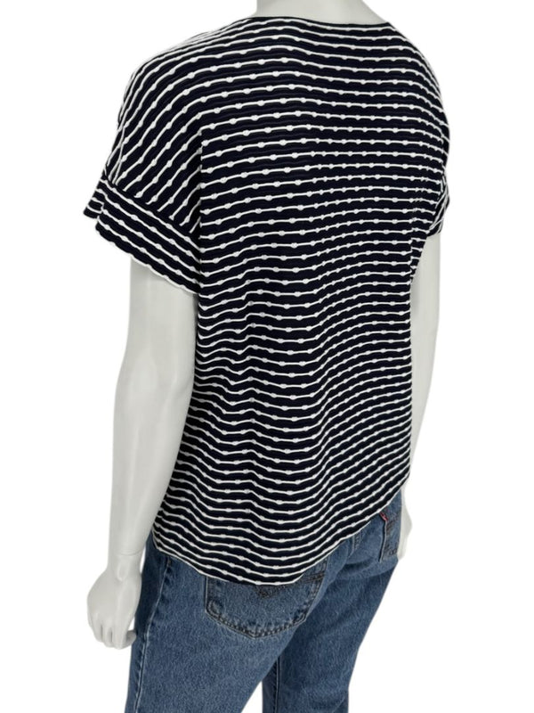 Armani Collezioni Made in Italy Navy & White Textured Stripe V-Neck Top – Size 12