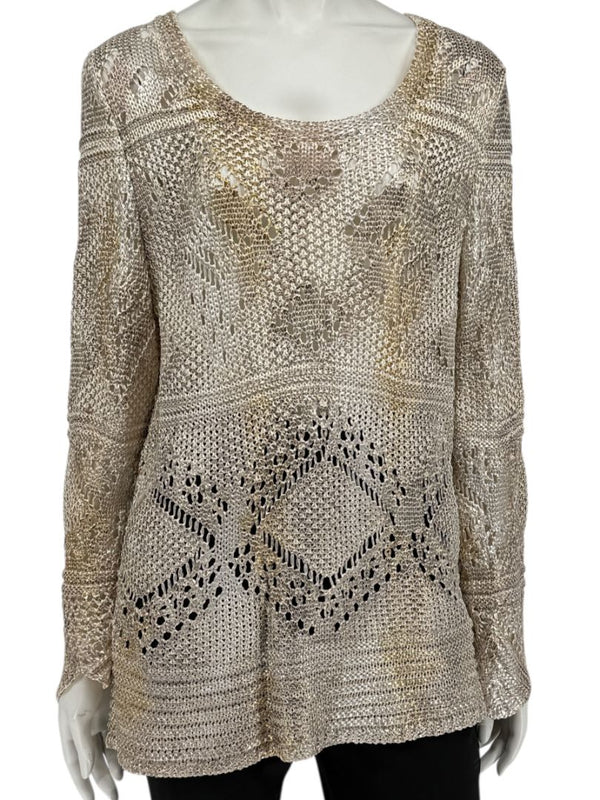 Oscar de la Renta Metallic-Accented Open-Knit Sweater – Size XL