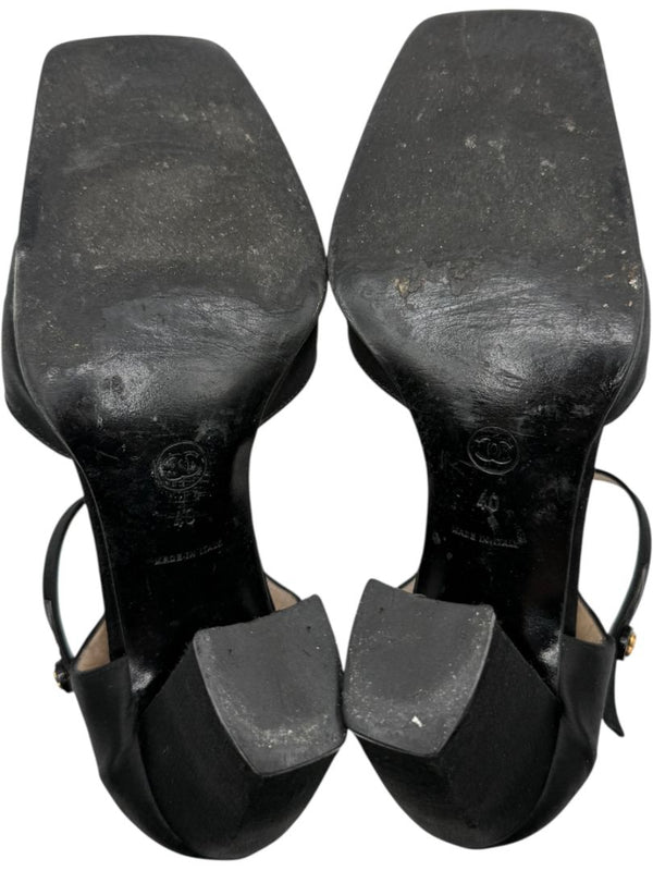 Chanel Black Satin Mary Jane Pumps with Gold CC Button – Size 40 (US 10)
