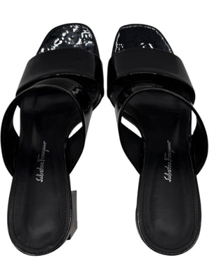 Salvatore Ferragamo Black Patent Block Heel Mules - Size 8.5