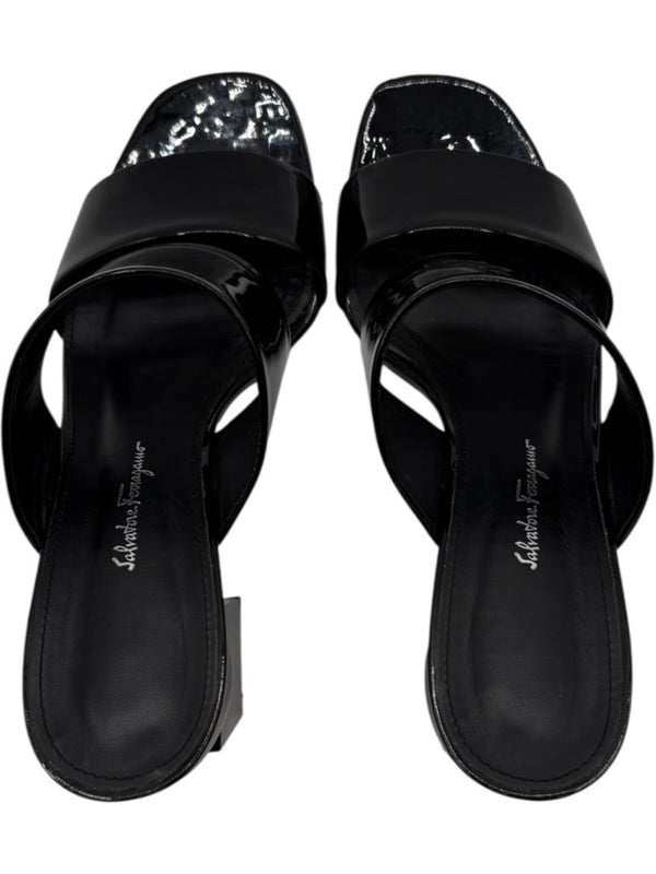 Salvatore Ferragamo Black Patent Block Heel Mules - Size 8.5
