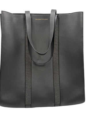 Brunello Cucinelli Graphite Gray Leather Tote with Monili Bead Trim
