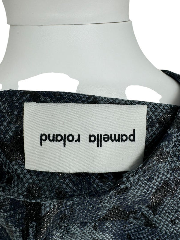 Pamella Roland Black/Blue Ombre Brocade Dress Cape Floral Motif