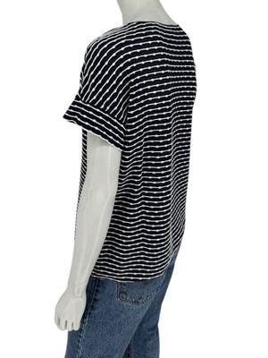 Armani Collezioni Made in Italy Navy & White Textured Stripe V-Neck Top – Size 12